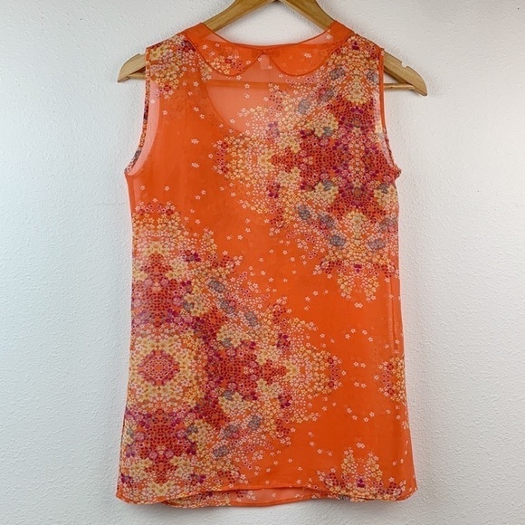 CAbi #268 Merrow edge chiffon semi sheer orange floral tank top blouse EUC - Picture 3 of 8